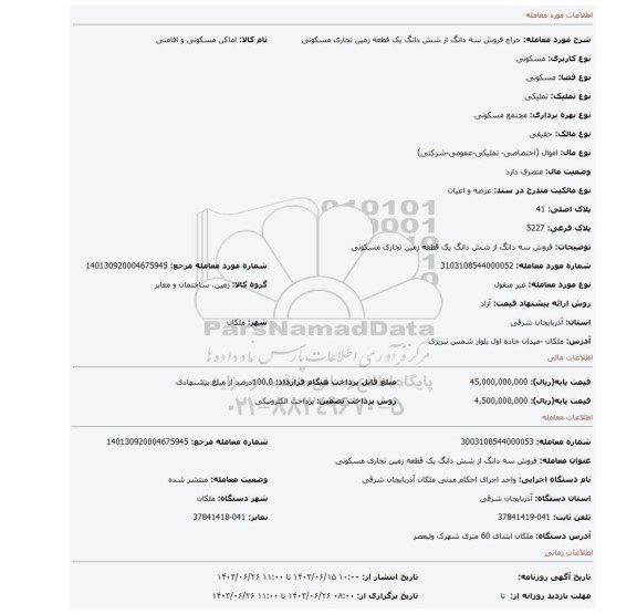 مزایده، فروش سه دانگ از شش دانگ یک قطعه زمین تجاری مسکونی