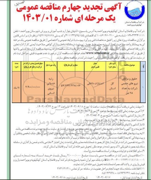 تجدید چهارم مناقصه حقوق و مزایای نیروهای حجمی شرکت به تعداد 28 نفر