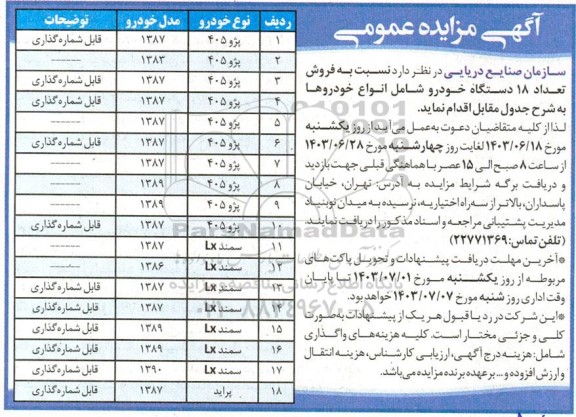 مزایده فروش تعداد 18 دستگاه خودرو 