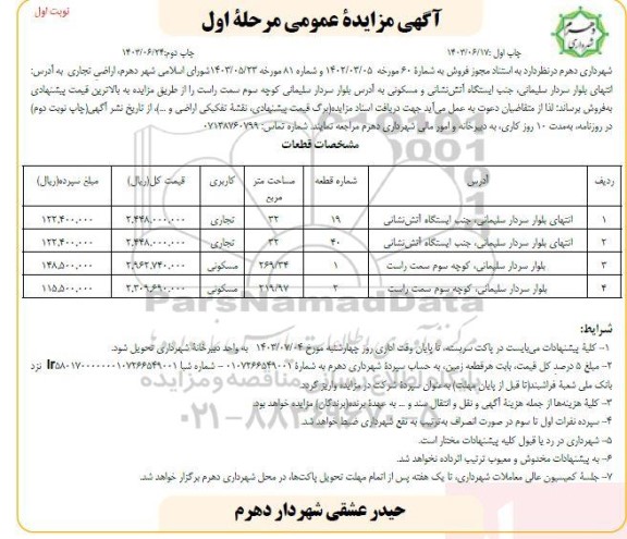 مزایده فروش اراضی تجاری و مسکونی