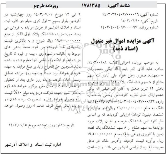 مزایده ششدانگ عرصه و اعیان پلاک 8 سهم از ششدانگ یک قطعه زمین با کاربری زراعی - باغ