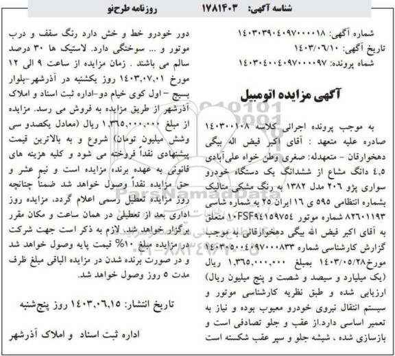 مزایده ششدانگ یک دستگاه خودرو سواری پژو 206 مدل 1382