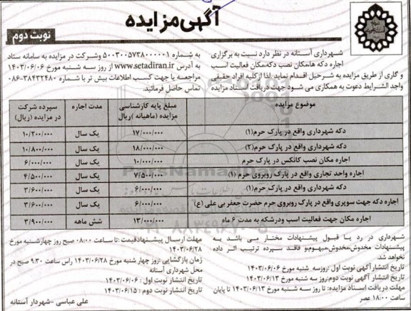 مزایده اجاره دکهها، مکان نصب دکه، مکان فعالیت اسب و گاری نوبت دوم