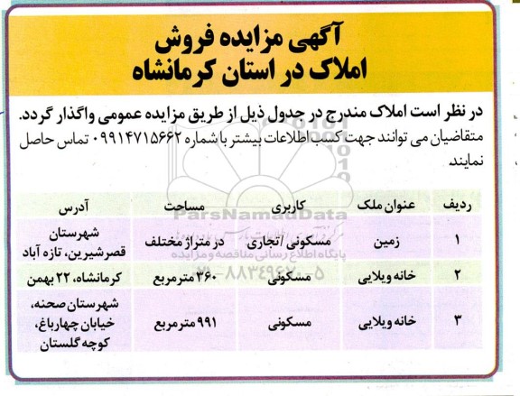 مزایده فروش املاک