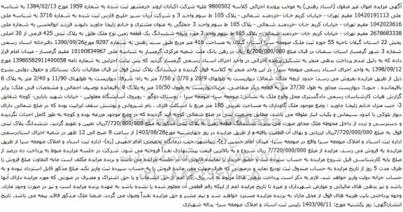 آگهی مزایده ششدانگ یک قطعه زمین نوع ملک طلق به پلاک ثبتی 425 فرعی از 30 اصلی بخش 22 