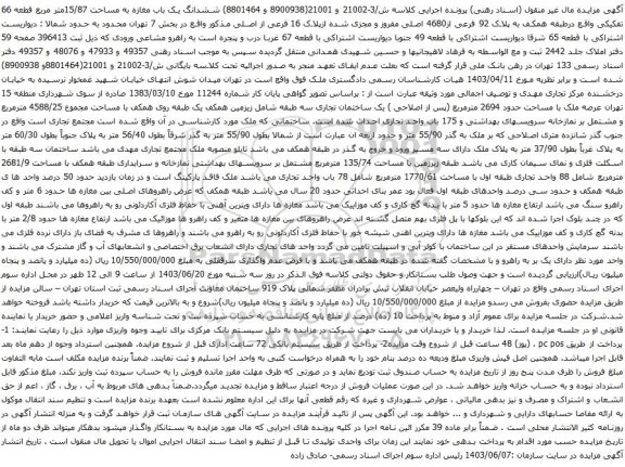 آگهی مزایده ششدانگ یک باب مغازه به مساحت 15/87متر مربع قطعه 66 تفکیکی