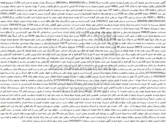آگهی مزایده ششدانگ یکباب مغازه به مساحت 11/06 مترمربع قطعه 126تفکیکی