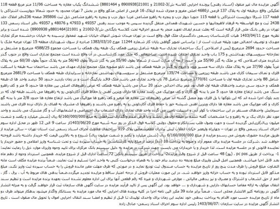آگهی مزایده ششدانگ یکباب مغازه به مساحت 11/06 متر مربع قطعه 118 تفکیکی