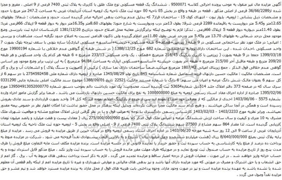 آگهی مزایده ششدانگ یک قطعه مسکونی نوع ملک طلق با کاربری به پلاک ثبتی 7400 فرعی از 9 اصلی ، مفروز و مجزا شده از36/66/2289 فرعی از اصلی