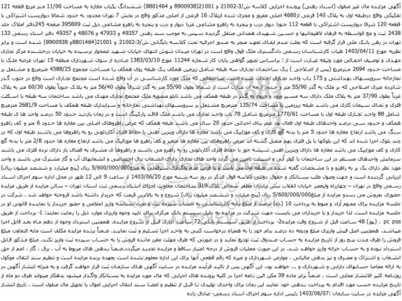 آگهی مزایده ششدانگ یکباب مغازه به مساحت 11/06 متر مربع قطعه 121 تفکیکی