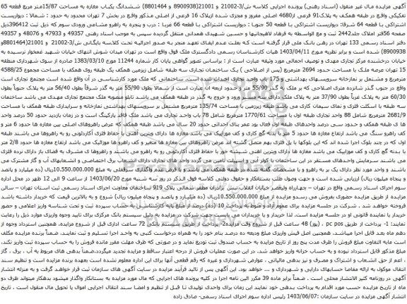 آگهی مزایده ششدانگ یکباب مغازه به مساحت 15/87متر مربع قطعه 65 تفکیکی