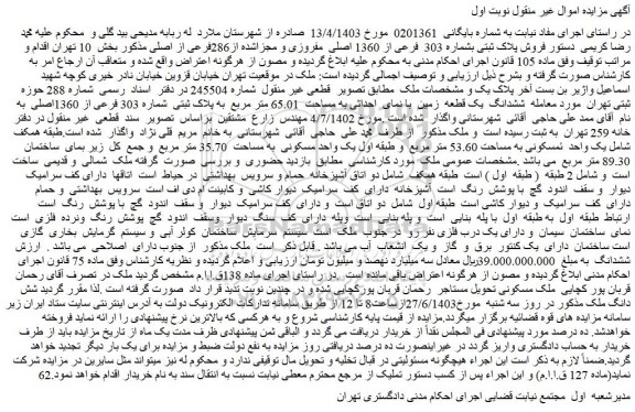 مزایده فروش ششدانگ یک قطعه زمین با نمای احداثی به مساحت 65.01 متر مربع به پلاک ثبتی شماره 303 فرعی از 1360اصلی