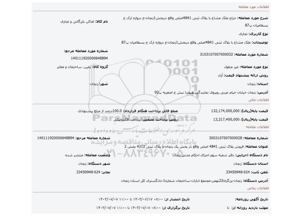 مزایده، ملک مشاع با پلاک ثبتی 4841اصلی واقع دربخش1زنجان-خ دروازه ارک خ بسطامیان پ87