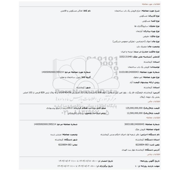 مزایده، فروش یک باب ساختمان