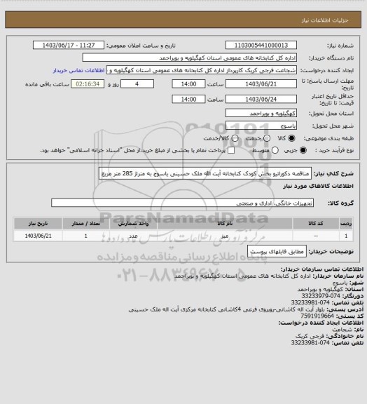 استعلام مناقصه دکوراتیو بخش کودک کتابخانه آیت الله ملک حسینی یاسوج به متراژ 285 متر مربع
