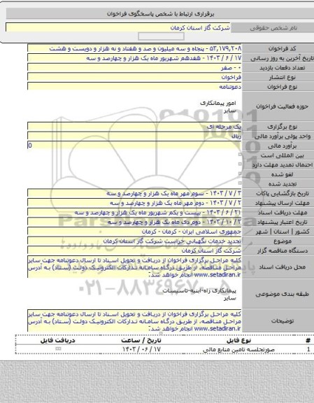 مناقصه, تجدید خدمات نگهبانی حراست شرکت گاز استان کرمان