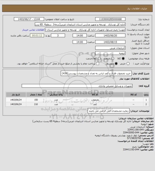 استعلام خرید تختخواب فلزی و کمد لباس به تعداد و مشخصات پیوستی(439)