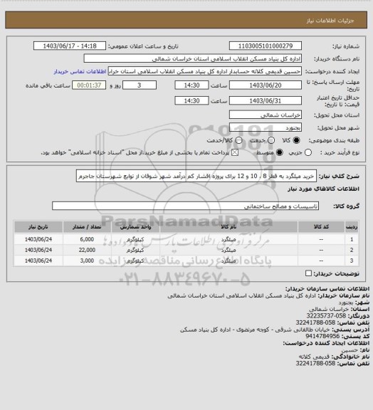 استعلام خرید میلگرد به قطر 8 ، 10 و 12 برای پروژه اقشار کم درآمد شهر شوقان از توابع شهرستان جاجرم