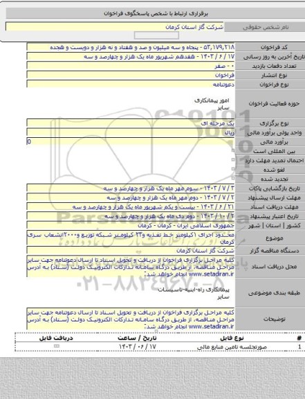 مناقصه, محدود اجرای ۱کیلومتر خط تغذیه و۲۳ کیلومتر شبکه توزیع و۲۰۰۰انشعاب سری کرمان