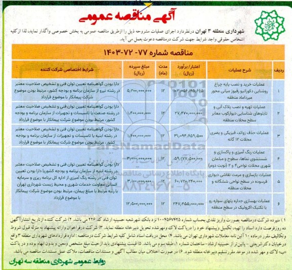 مناقصه عملیات خرید و نصب پایه چراغ روشنایی دکوراتیو ...
