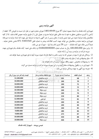 مزایده فروش 15 قطعه از اراضی با کاربری مسکونی