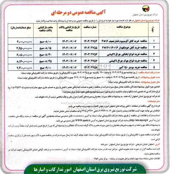 مناقصه خرید کابل آلومینیوم فشار ضعیف....