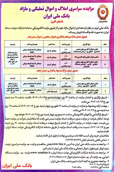 مزایده املاک و اموال تملیکی و مازاد  تعدادی از اموال مازاد خود