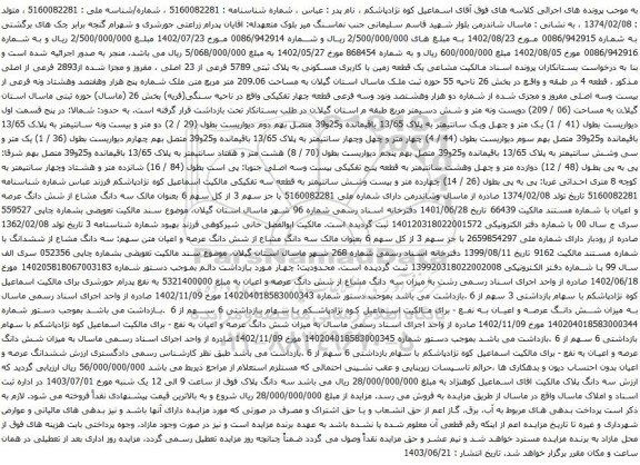آگهی مزایده یک قطعه زمین با کاربری مسکونی به پلاک ثبتی 5789 فرعی از 23 اصلی ، مفروز و مجزا شده از2893 فرعی از اصلی