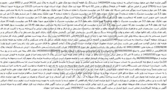 آگهی مزایده ششدانگ یک قطعه آپارتمان نوع ملک طلق با کاربری به پلاک ثبتی 34116 فرعی از 6933 اصلی ، مفروز و مجزا شده از27814 فرعی از اصلی