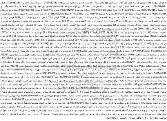 آگهی مزایده یک قطعه زمین با کاربری مسکونی به پلاک ثبتی 5789 فرعی از 23 اصلی ، مفروز و مجزا شده از2893 فرعی از اصلی