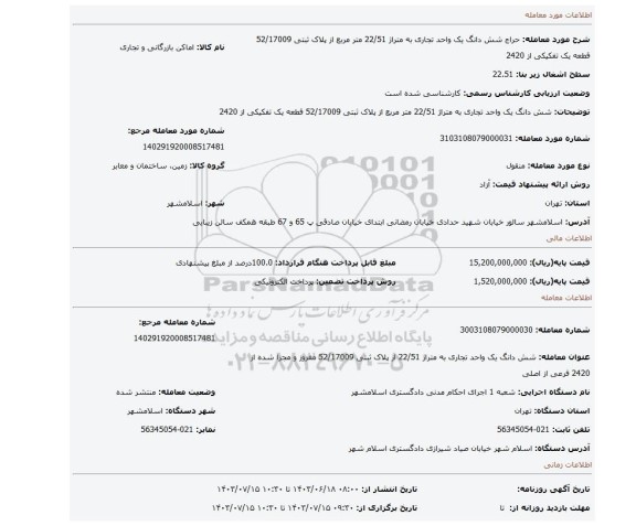 مزایده، شش دانگ یک واحد تجاری به متراژ 22/51 متر مربع از پلاک ثبتی 52/17009 قطعه یک تفکیکی از 2420