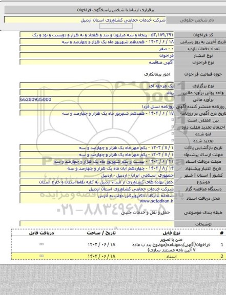 مناقصه, حمل نهاده های کشاورزی از مبداء اردبیل به کلیه نقاط استان و خارج استان