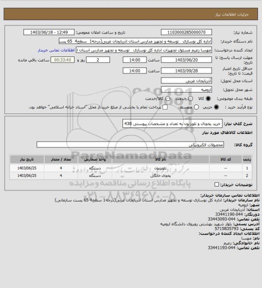 استعلام خرید یخچال و تلویزیون به تعداد و مشخصات پیوستی 438