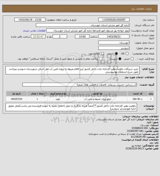 استعلام خرید شیرآلات بااولیت تولید کارخانه جات داخل کشور /ریز اقلام مربوط به پروژه تامین آب نعل اشکن شهرستان شوشتر میباشد طبق شرح استعلام بها پیوستی