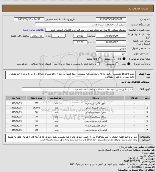 استعلام خرید 16000 مترسیم روکش دار70 ، 50 عددپایه سیمانی چهارگوش 400/12 و 10 عدد 600/12 ، کراس ارم 2و 2.44 متری  ، مقره سوزنی و مقره بشقابی