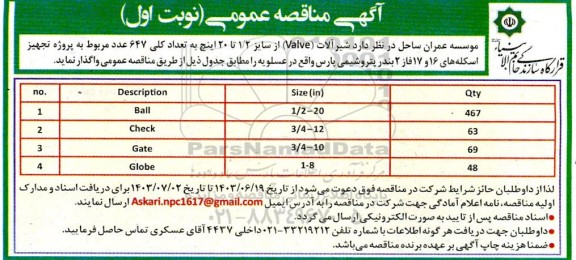 مناقصه شیرآلات (Valve) از سایز 1/2 تا 20 اینچ