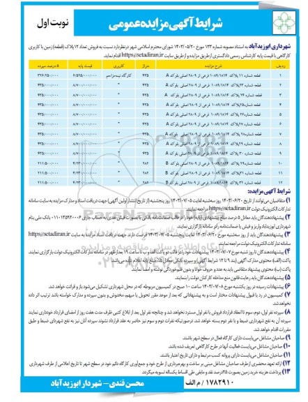 مزایده فروش تعداد 12 پلاک (قطعه) زمین با کاربری کارگاهی 