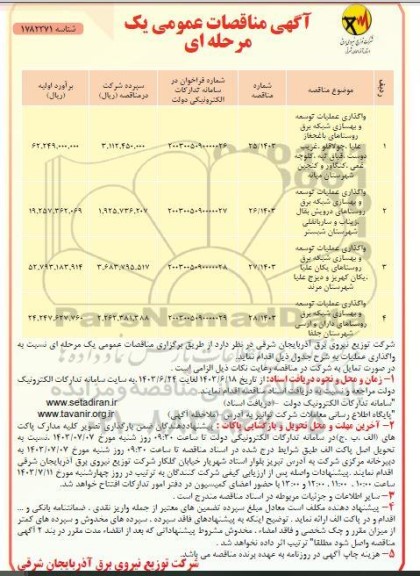 مناقصه واگذاری عملیات توسعه و بهسازی شبکه برق روستاهای...