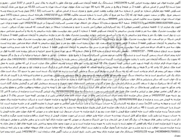 آگهی مزایده ششدانگ یک قطعه آپارتمان مسکونی نوع ملک طلق با کاربری به پلاک ثبتی 2 فرعی از 3107 اصلی ، مفروز و مجزا شده