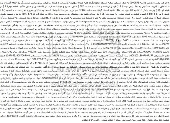 آگهی مزایده  ششدانگ یک قطعه آپارتمان نوع ملک طلق با کاربری مسکونی به پلاک ثبتی نوزده ( 19 ) فرعی از پانصد و هشتاد و هفت ( 587 ) اصلی