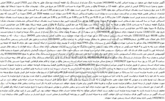 آگهی مزایده 140106493 مقدارسه دانگ مشاع از ششدانگ یک قطعه آپارتمان نوع ملک طلق به پلاک ثبتی 17033 فرعی از 3526 اصلی 