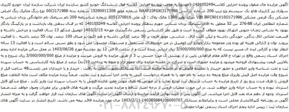 آگهی مزایده خودرو کاربری سواری زیر کاربری هاچ بک سیستم پژو تیپ 206 