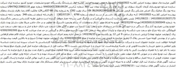 آگهی مزایده سواری زیر کاربری هاچ بک سیستم لیفان تیپ X60