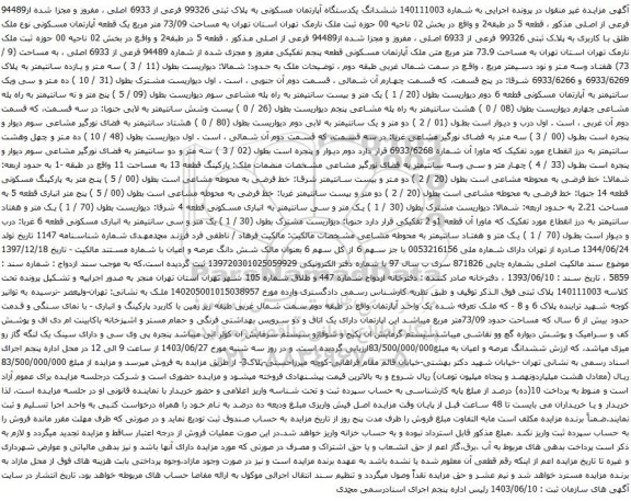 آگهی مزایده ششدانگ یکدستگاه آپارتمان مسکونی به پلاک ثبتی 99326 فرعی از 6933 اصلی ، مفروز و مجزا شده از94489 فرعی از اصلی