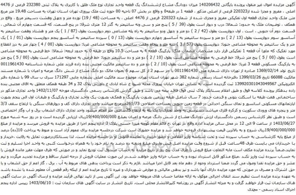  آگهی مزایده میزان دودانگ مشاع ازششدانگ یک قطعه واحد تجاری نوع ملک طلق با کاربری به پلاک ثبتی 232380 فرعی از 4476 اصلی
