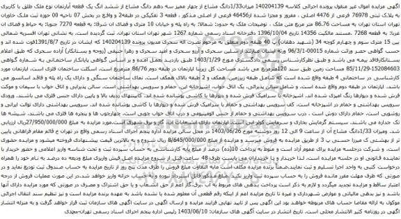 آگهی مزایده میزان1/33دانگ مشاع از چهار ممیز سه دهم دانگ مشاع از ششد انگ یک قطعه آپارتمان نوع ملک طلق با کاربری به پلاک ثبتی 76978 فرعی از 4476 اصلی