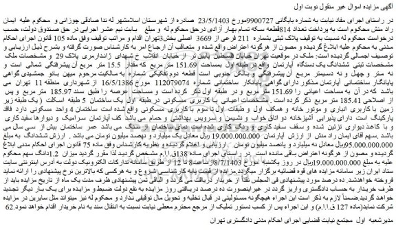 مزایده فروش ملک پلاک ثبتی بشماره  211 فرعی از 3669  اصلی
