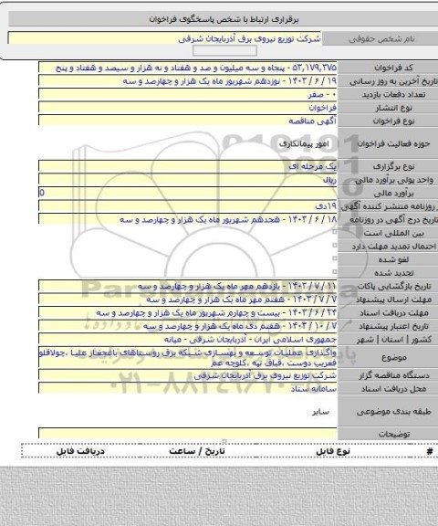 مناقصه, واگذاری عملیات توسعه و بهسازی شبکه برق روستاهای باغجغاز علیا ،چولاقلو فغریب دوست ،قباق تپه ،کلوچه غم