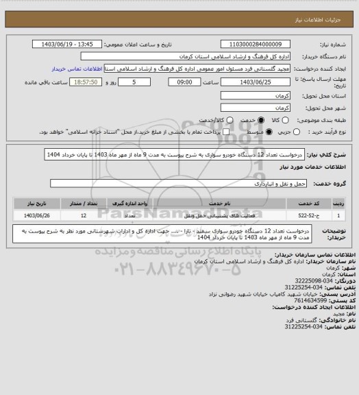 استعلام درخواست تعداد 12 دستگاه خودرو سواری به شرح پیوست به مدت 9 ماه از مهر ماه 1403 تا پایان خرداد 1404