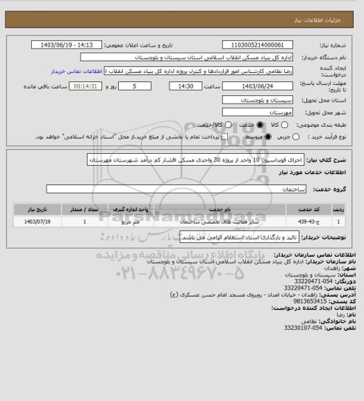 استعلام اجرای فونداسیون 10 واحد از پروژه 30 واحدی مسکن اقشار کم درآمد شهرستان مهرستان